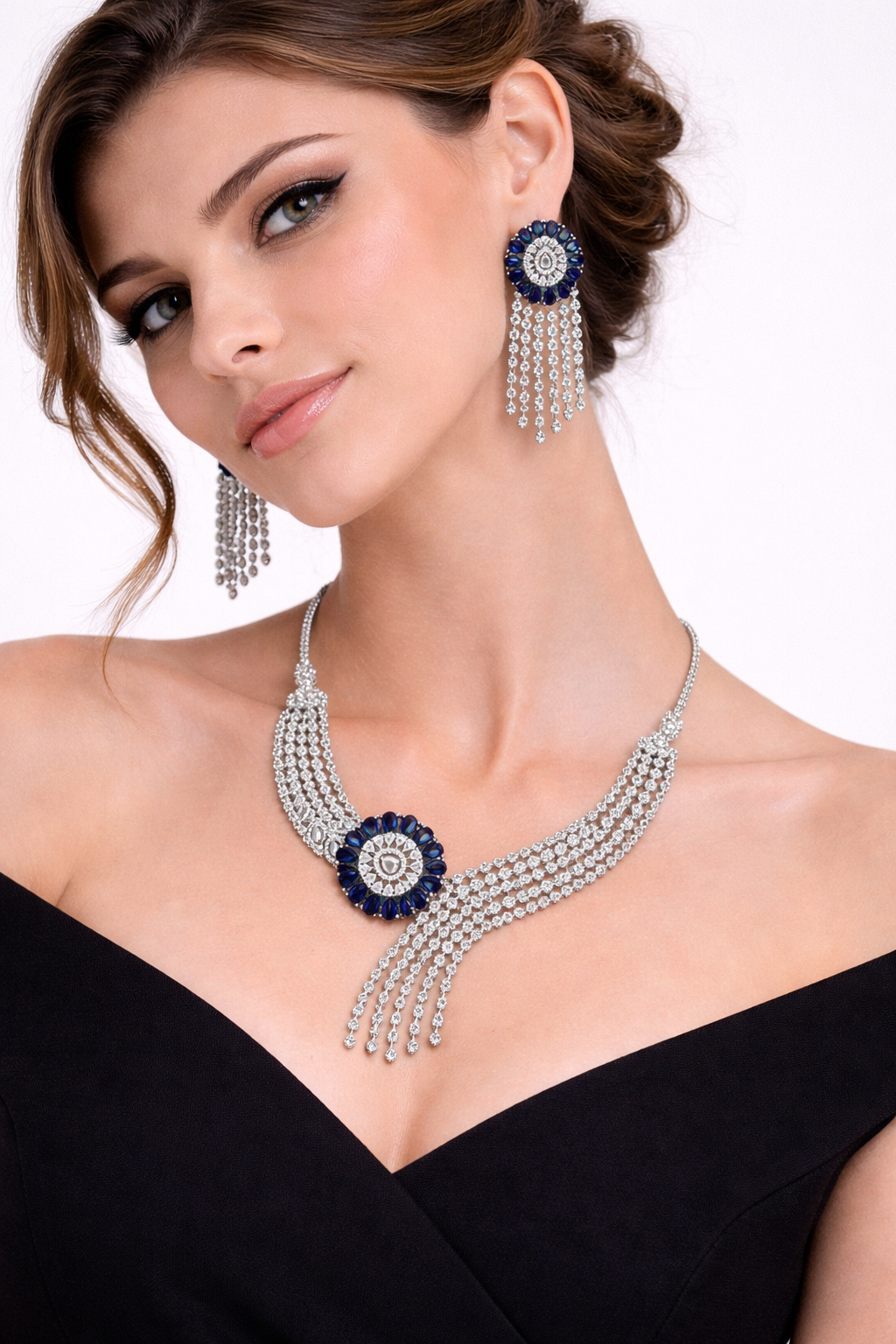 Elegant Silver Necklace Set with Blue Crystal Accents