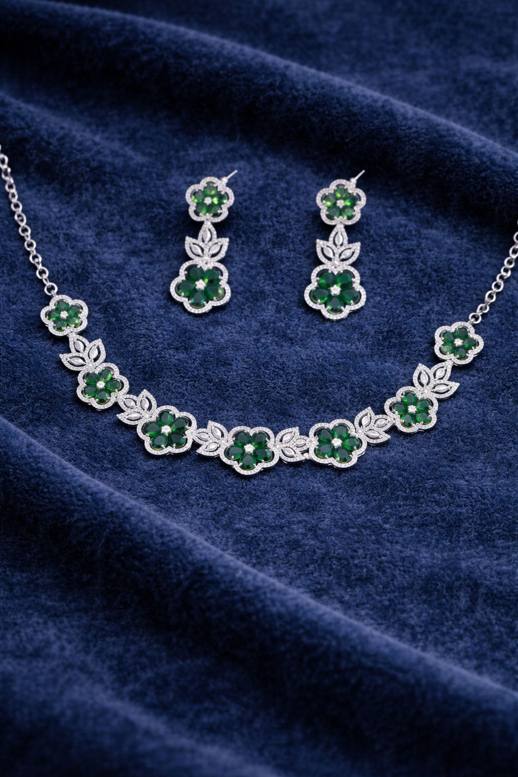 Green Floral Crystal Necklace Set with Drop Earrings