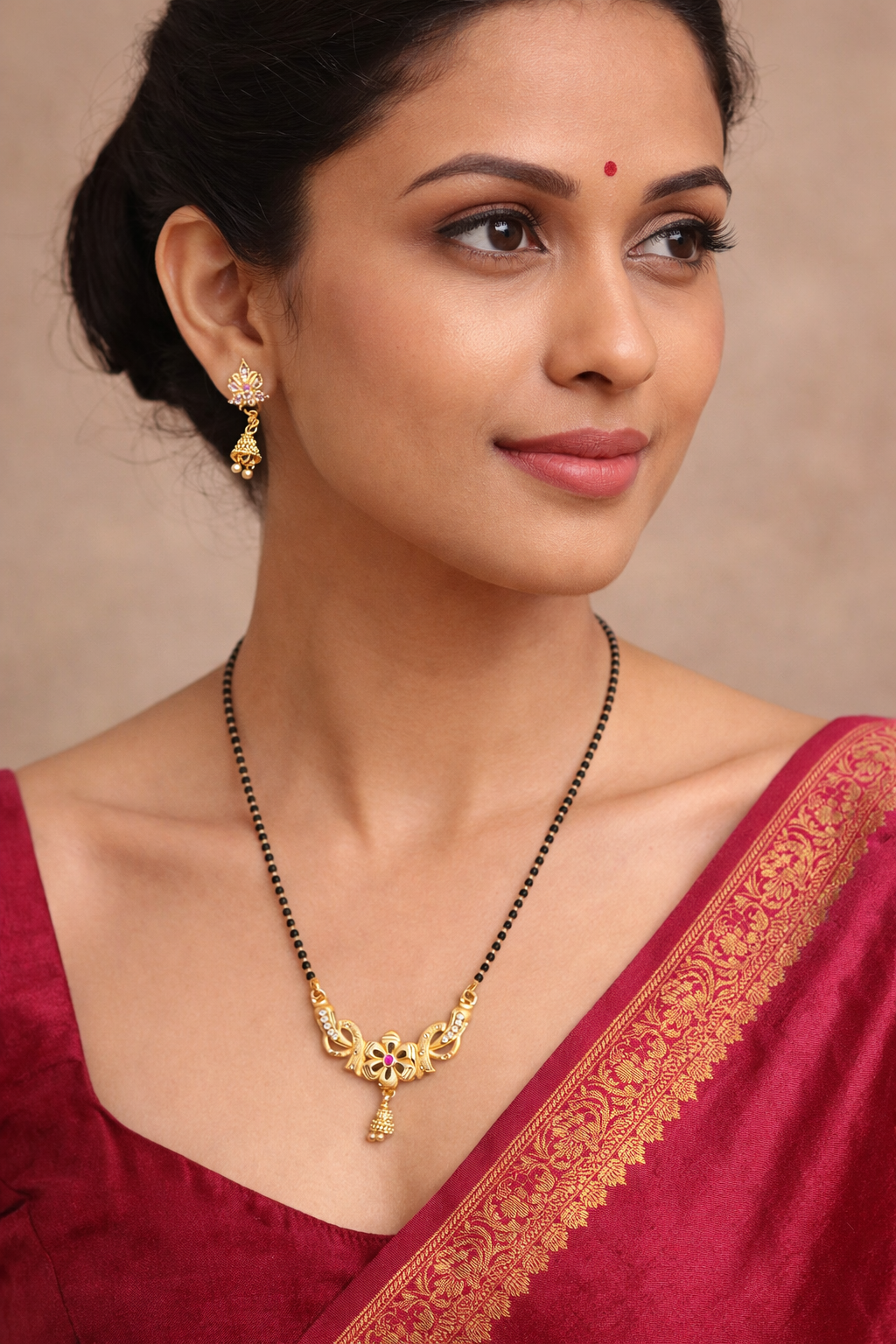 Gold-Plated Traditional Mangalsutra Set with American Diamond Floral Pendant and Matching Earrings for Women