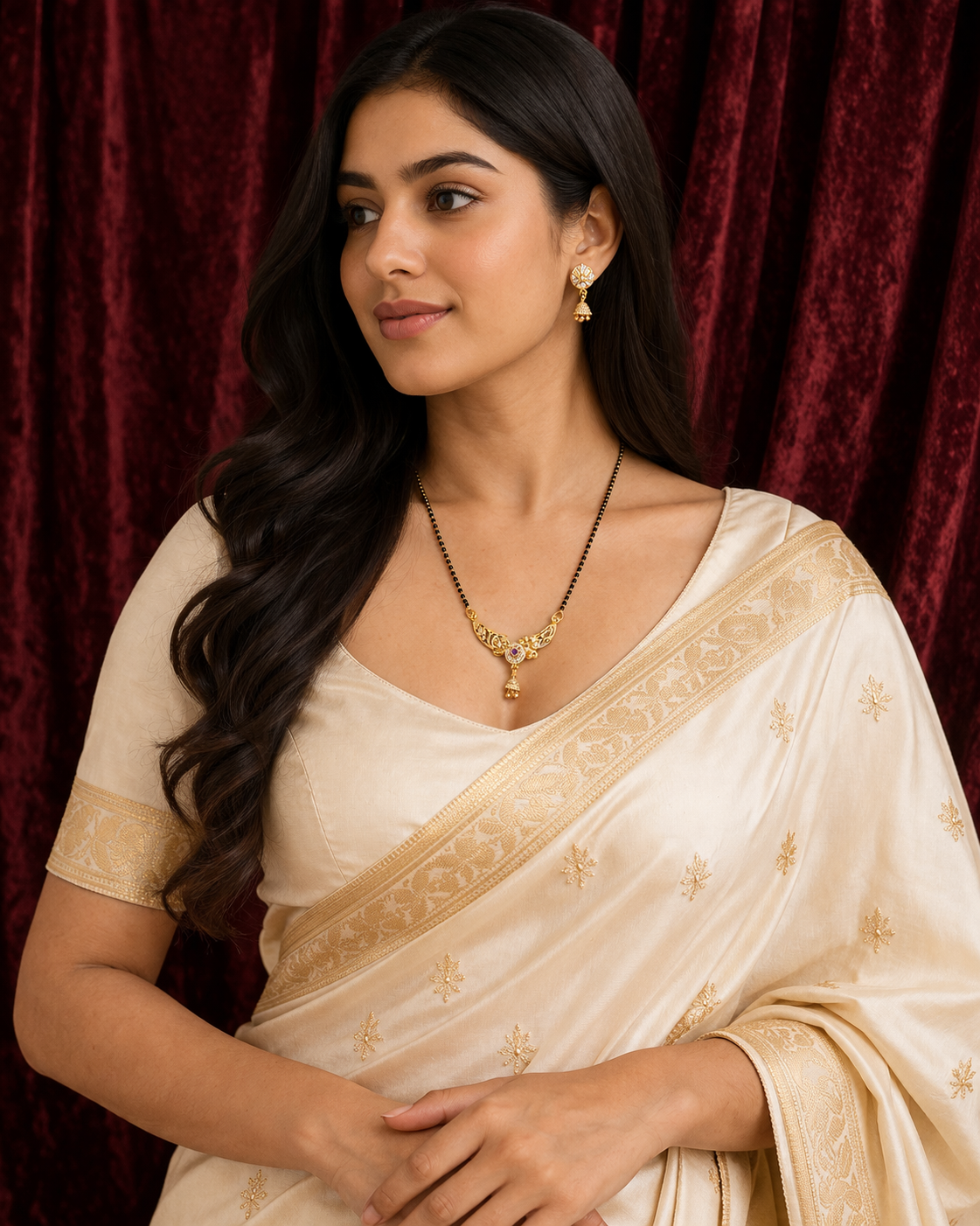 Gold-Plated Traditional Mangalsutra Set with American Diamond Pendant, Ruby Stone and Matching Jhumki Earrings for Women