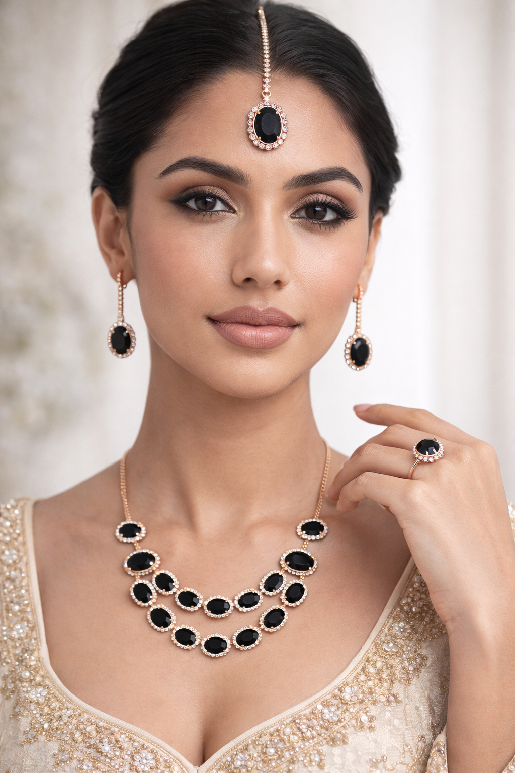 Rose Gold Black Stone Layered Necklace Set with Earrings Ring and Maang Tikka