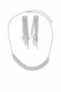 Silver AD Necklace Set with Crystal Layers and Long Tassel Earrings