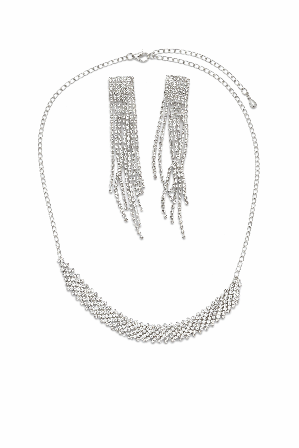 Silver AD Necklace Set with Crystal Layers and Long Tassel Earrings
