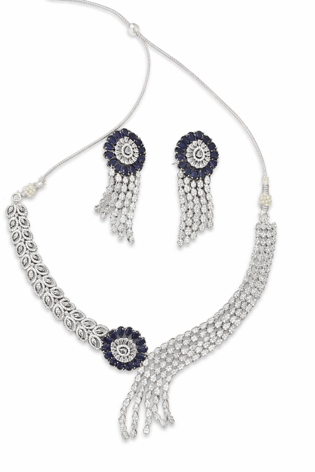Blue Sapphire American Diamond Necklace Set for Women | Silver Plated CZ Bridal, Wedding & Party Wear Jewelry with Matching Earrings