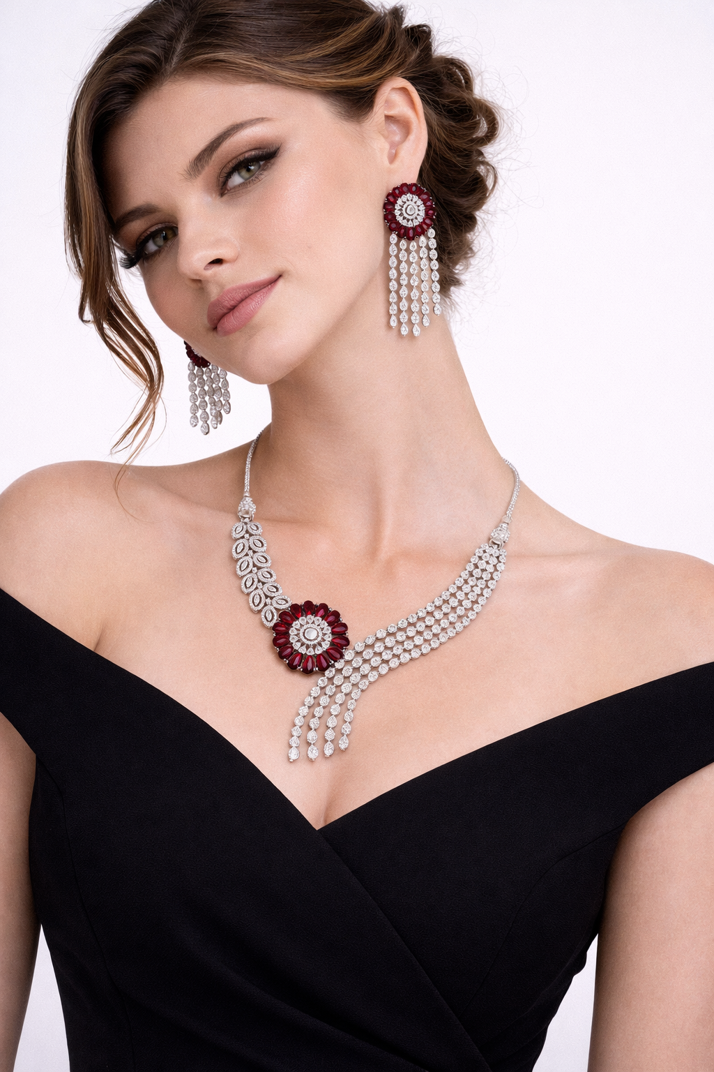 Red Stone Asymmetric Necklace Set with Tassel Earrings
