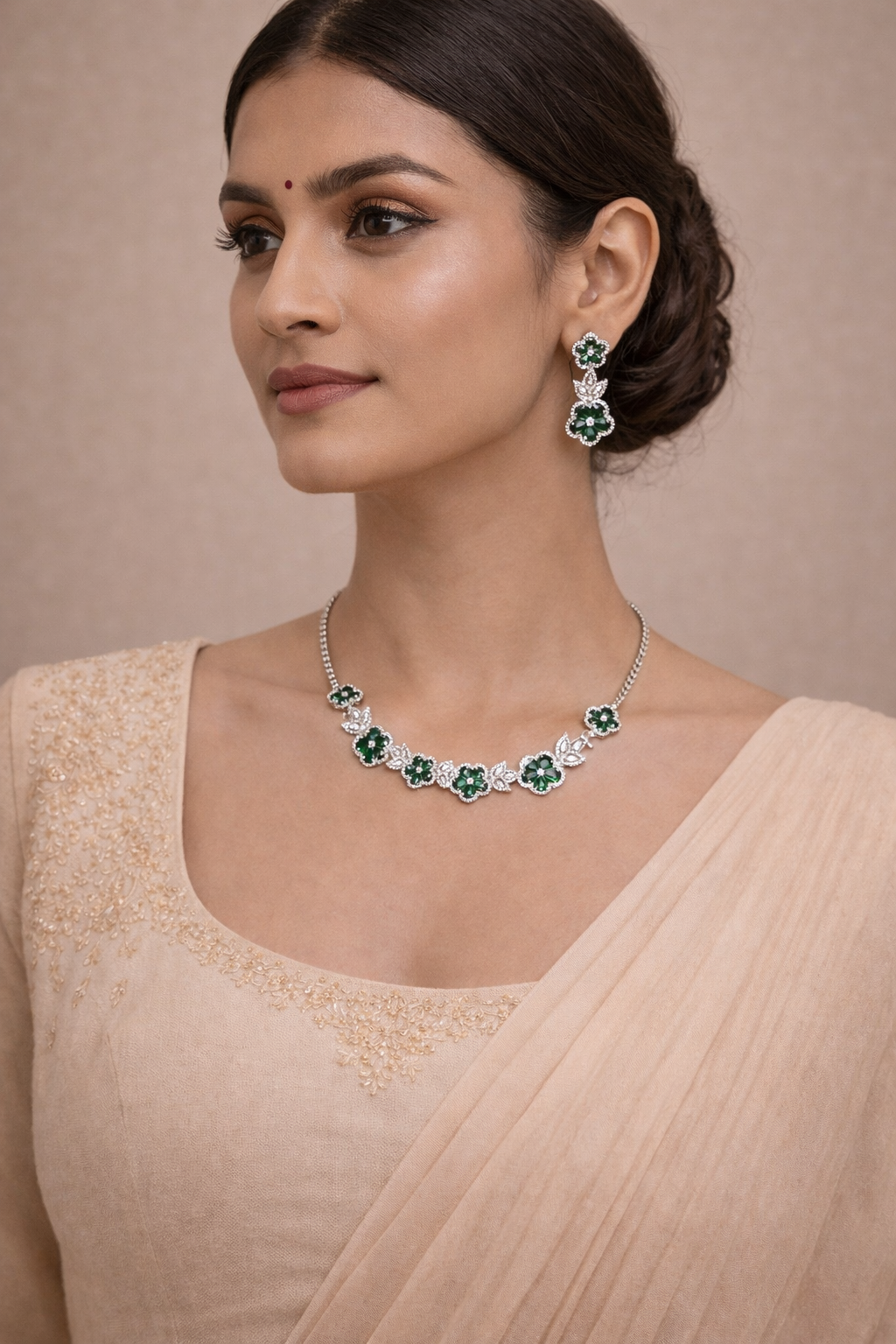 Green Floral Crystal Necklace Set with Drop Earrings
