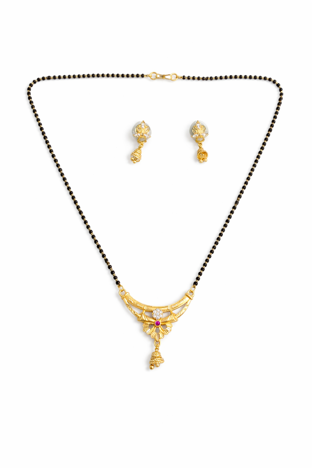 Gold-Plated Floral Mangalsutra Set with American Diamond, Ruby Stone and Matching Jhumki Earrings for Women