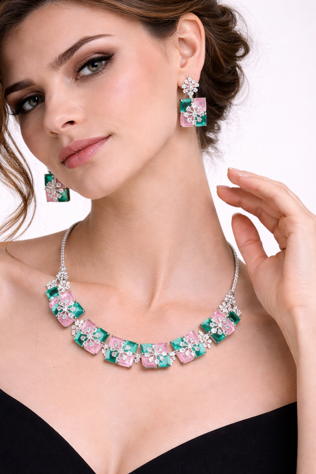 Pastel Geometric Necklace Set with Square Stud Earrings