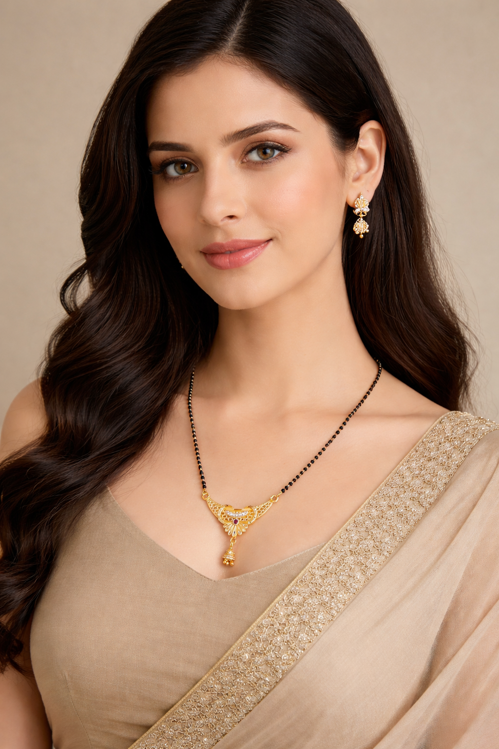 Gold-Plated Traditional Mangalsutra Set with American Diamond, Ruby Stone and Matching Jhumki Earrings for Women