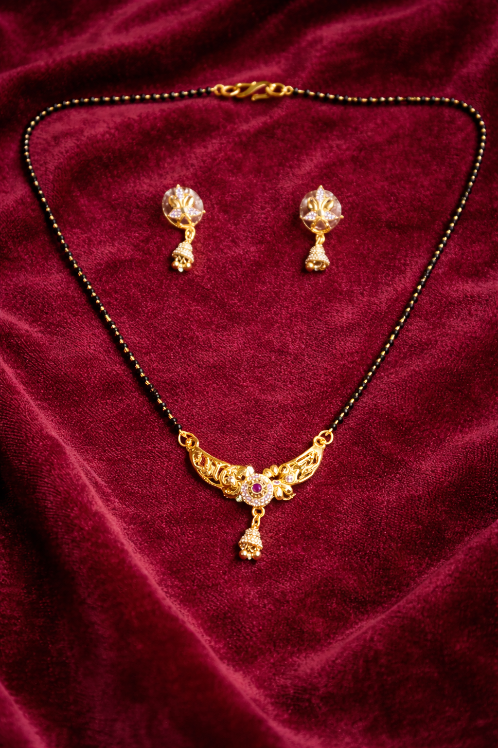 Gold-Plated Traditional Mangalsutra Set with American Diamond Pendant, Ruby Stone and Matching Jhumki Earrings for Women
