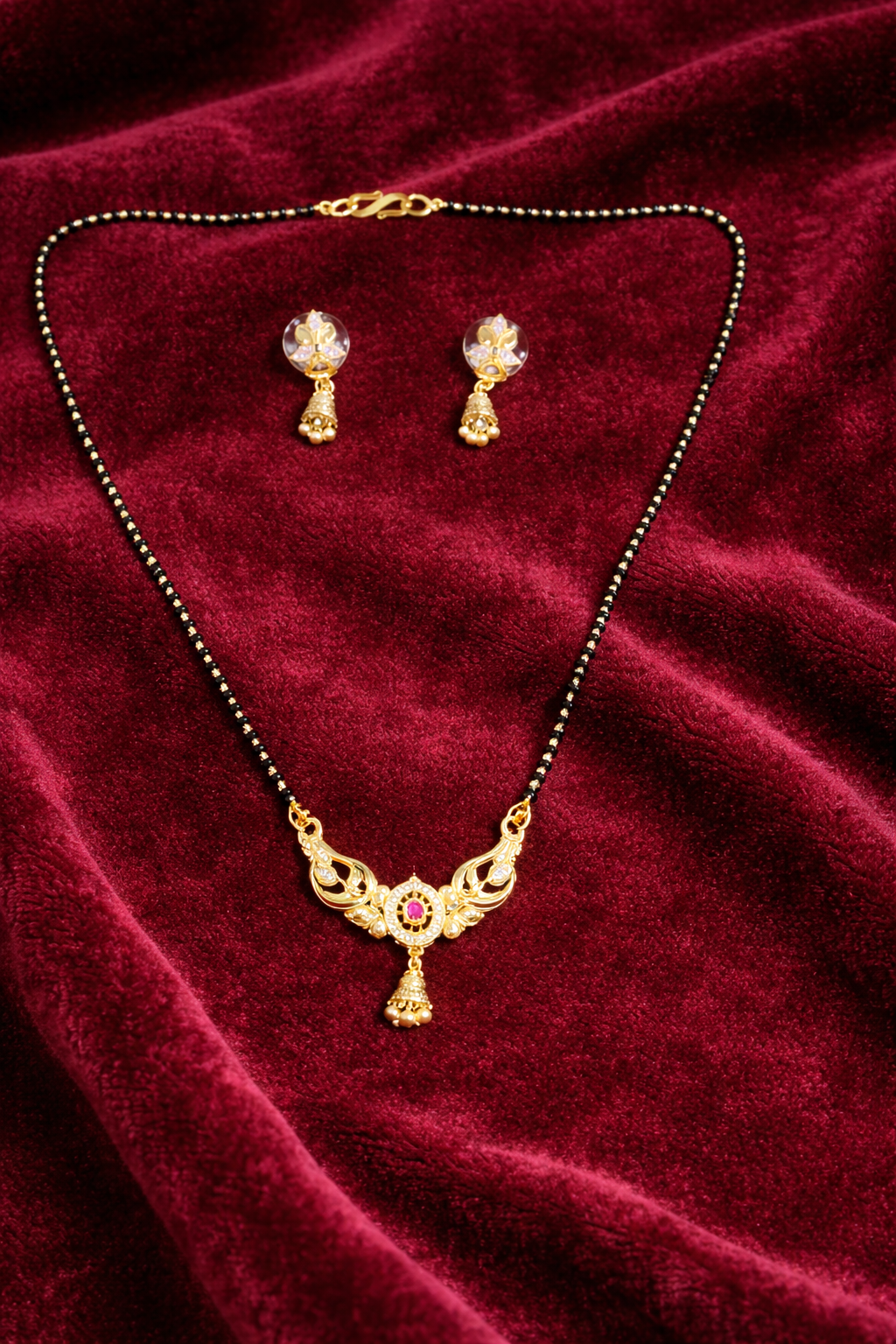 Gold-Plated Traditional Mangalsutra Set with American Diamond Pendant, Ruby Stone and Matching Earrings for Women