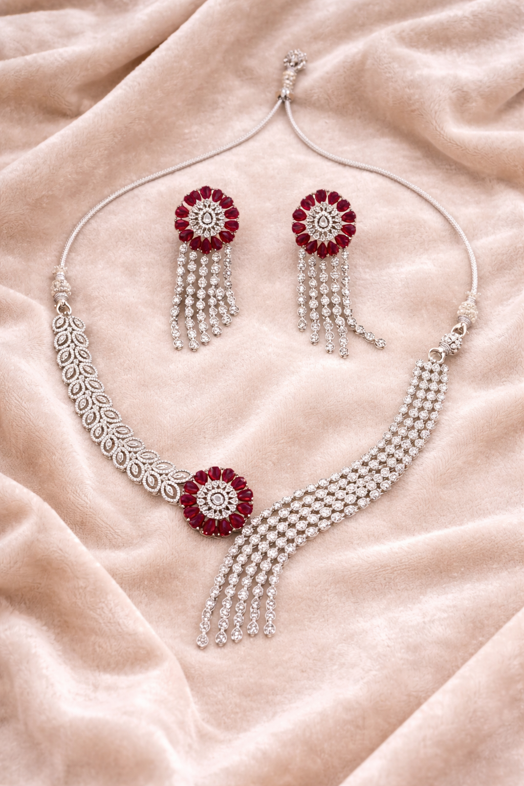 Red Stone Asymmetric Necklace Set with Tassel Earrings