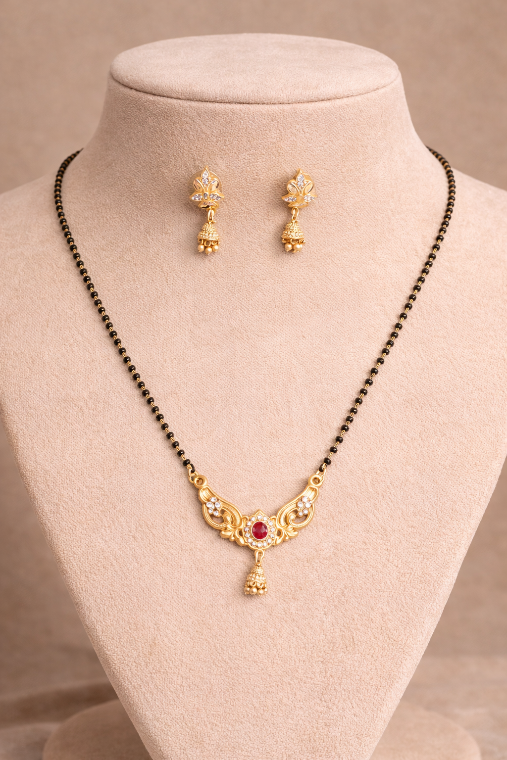 Gold-Plated Traditional Mangalsutra Set with American Diamond Pendant, Ruby Stone and Matching Earrings for Women