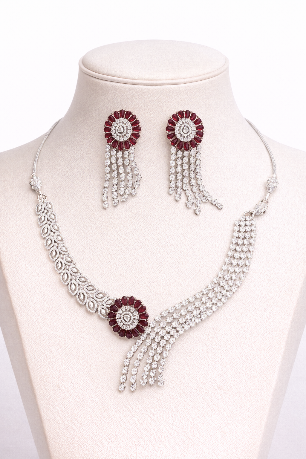 Red Stone Asymmetric Necklace Set with Tassel Earrings