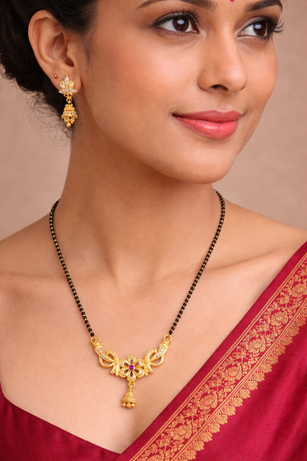 Gold-Plated Traditional Mangalsutra Set with American Diamond Floral Pendant and Matching Earrings for Women