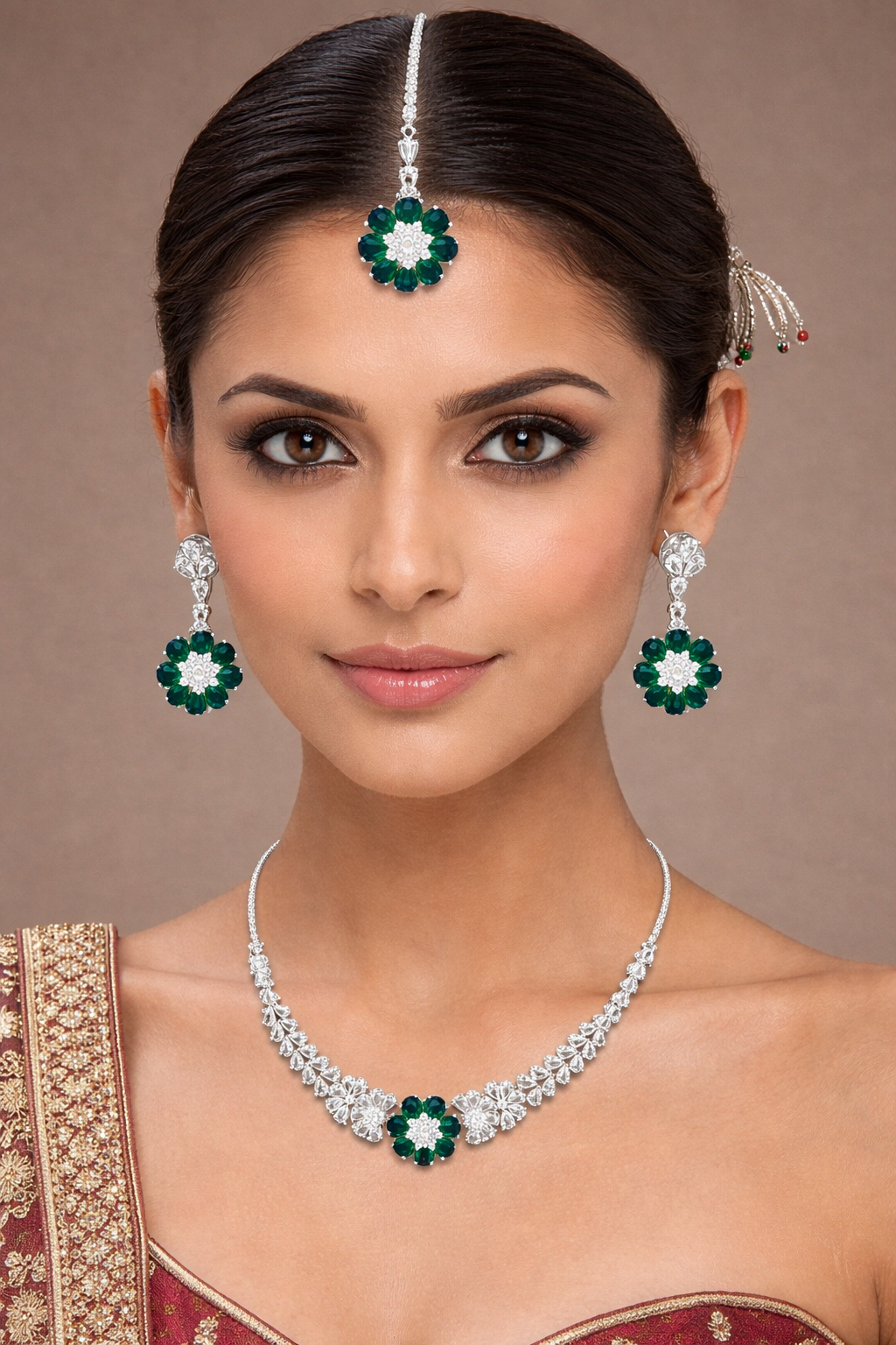 Elegant Green Floral Stone Necklace Set with Earrings