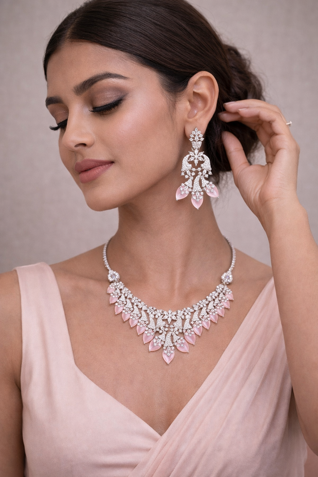 Elegant Silver Necklace Set with Pink Dangling Stones