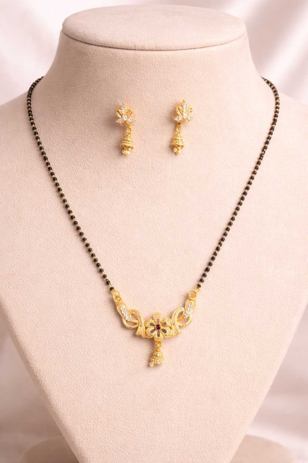 Gold-Plated Traditional Mangalsutra Set with American Diamond Floral Pendant and Matching Earrings for Women