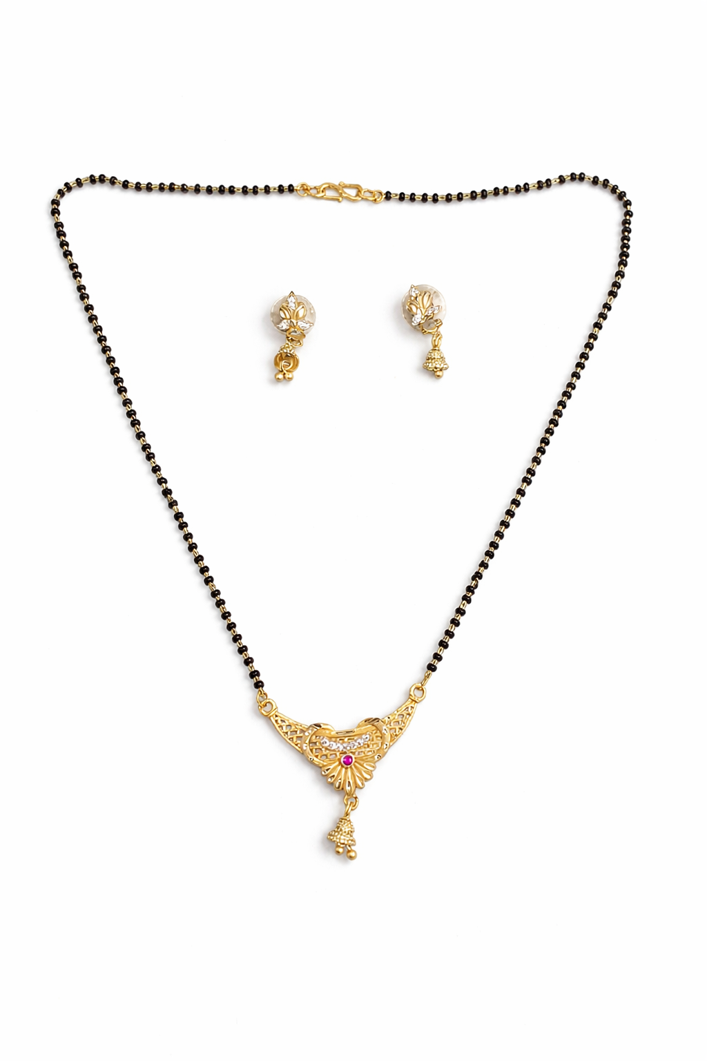 Gold-Plated Traditional Mangalsutra Set with American Diamond, Ruby Stone and Matching Jhumki Earrings for Women