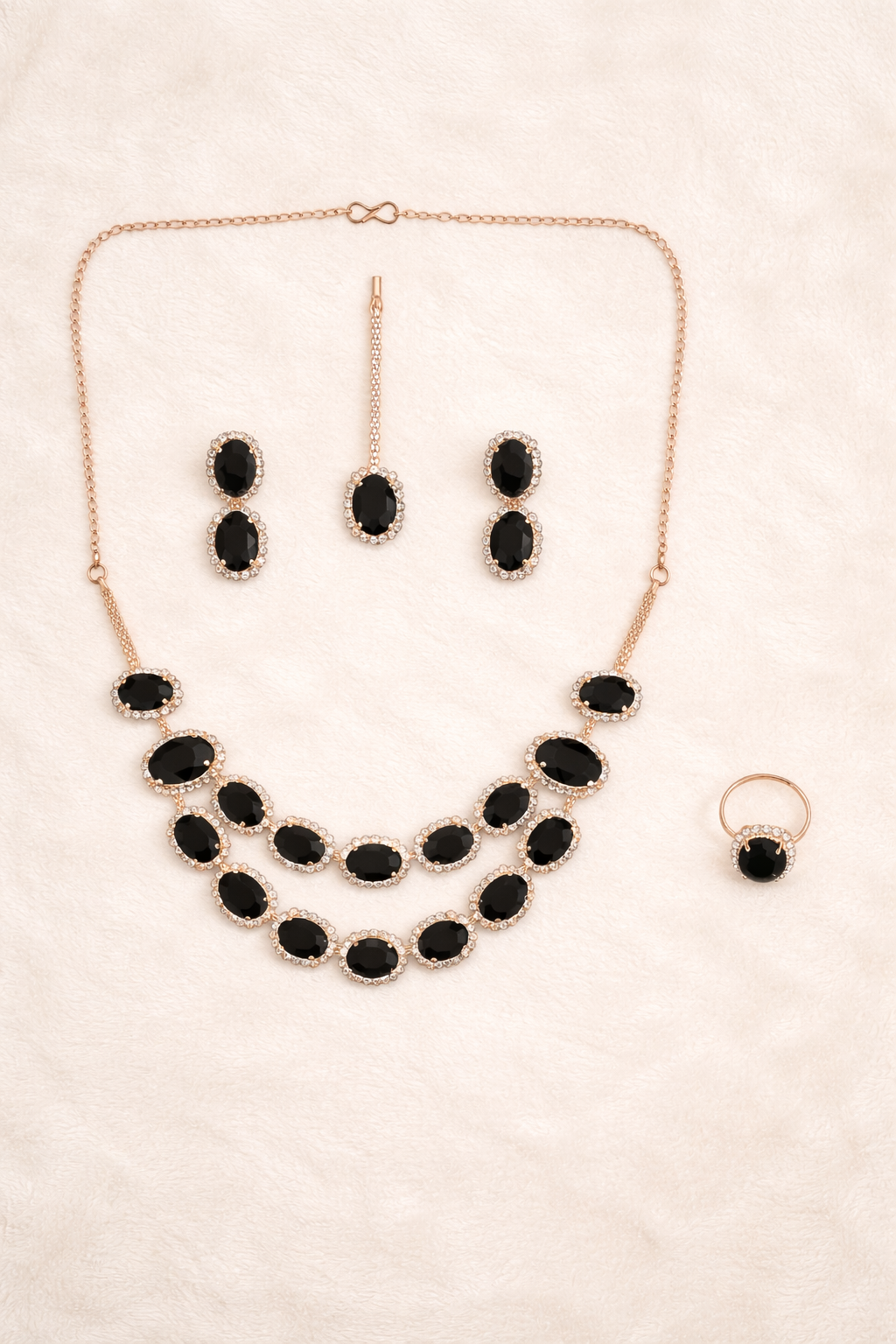 Rose Gold Black Stone Layered Necklace Set with Earrings Ring and Maang Tikka