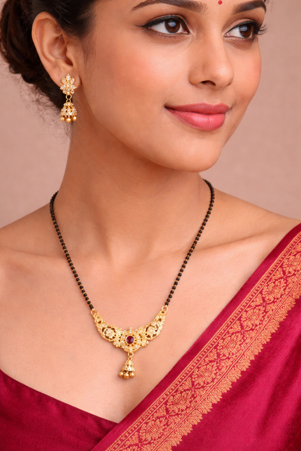 Gold-Plated Traditional Mangalsutra Set with American Diamond Pendant, Ruby Stone and Matching Earrings for Women