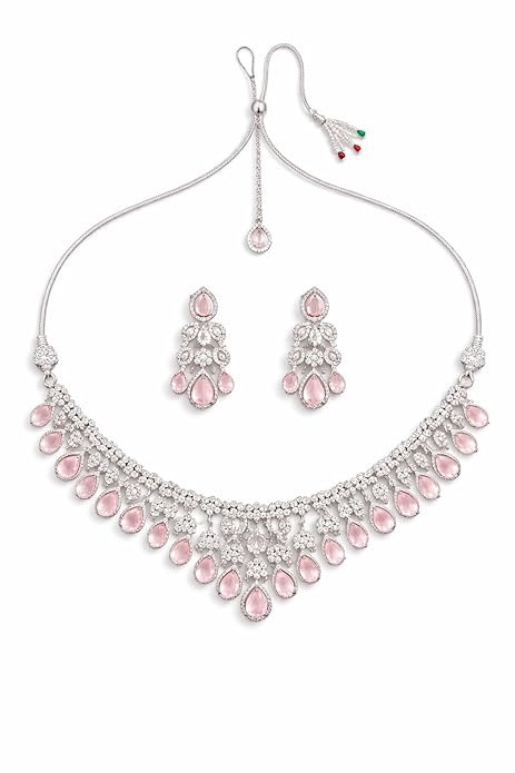 Silver-Plated American Diamond Necklace Set with Light Pink Teardrop Stones for Women