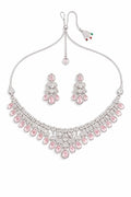 Silver-Plated American Diamond Necklace Set with Light Pink Teardrop Stones for Women