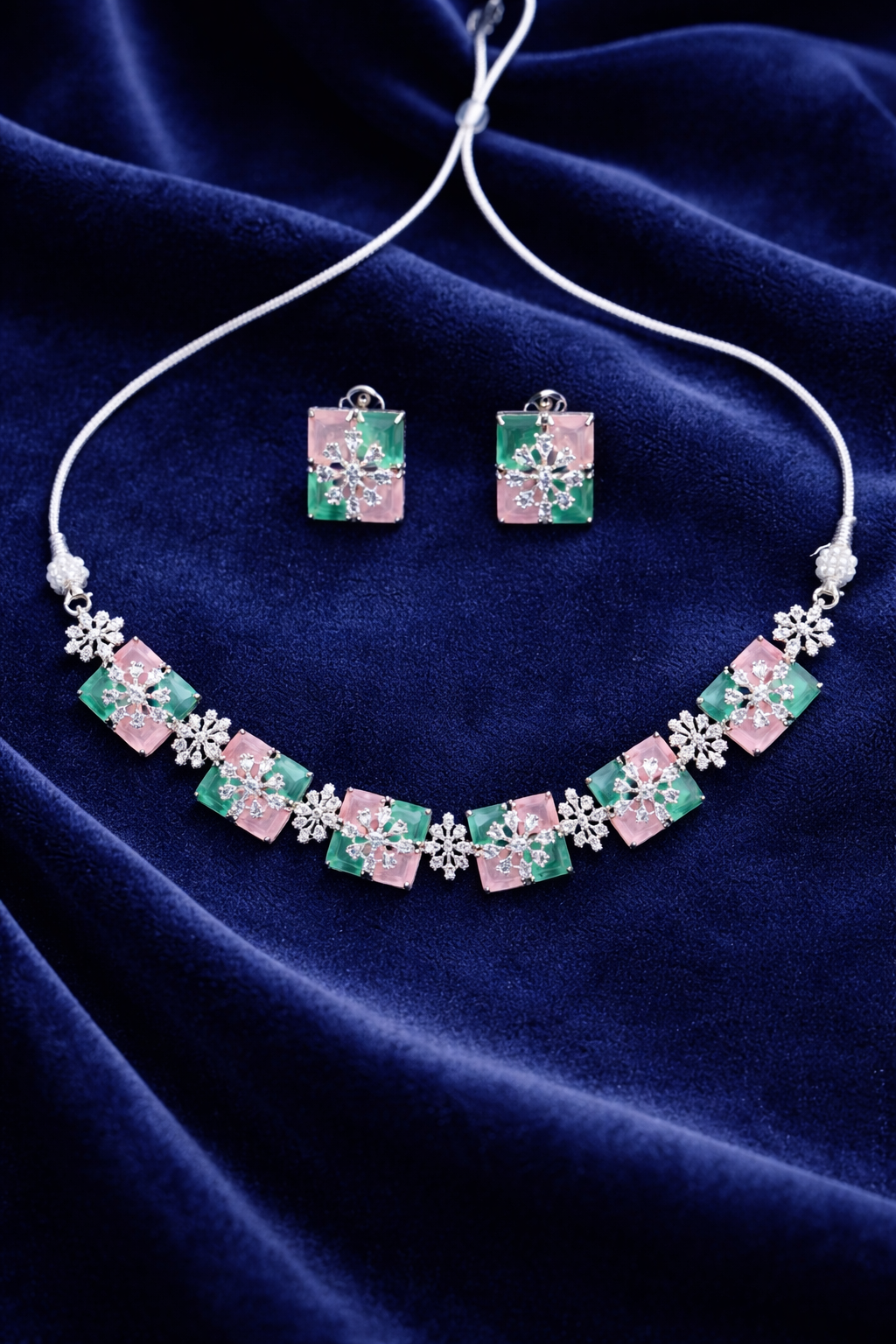 Pastel Geometric Necklace Set with Square Stud Earrings