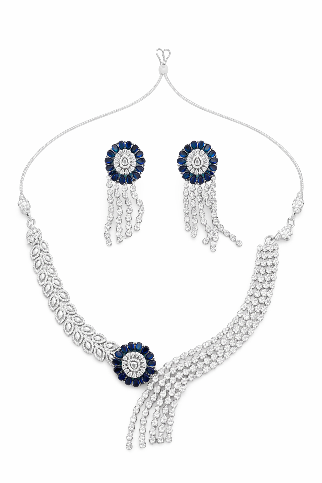 Elegant Silver Necklace Set with Blue Crystal Accents
