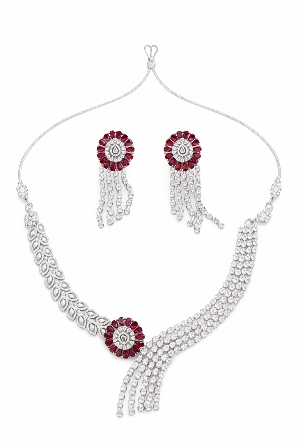 Red Stone Asymmetric Necklace Set with Tassel Earrings