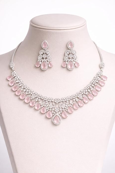 Silver-Plated American Diamond Necklace Set with Light Pink Teardrop Stones for Women
