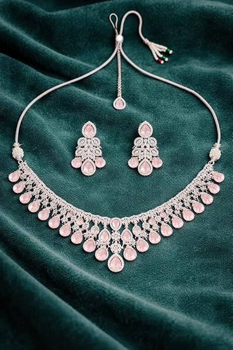 Silver-Plated American Diamond Necklace Set with Light Pink Teardrop Stones for Women