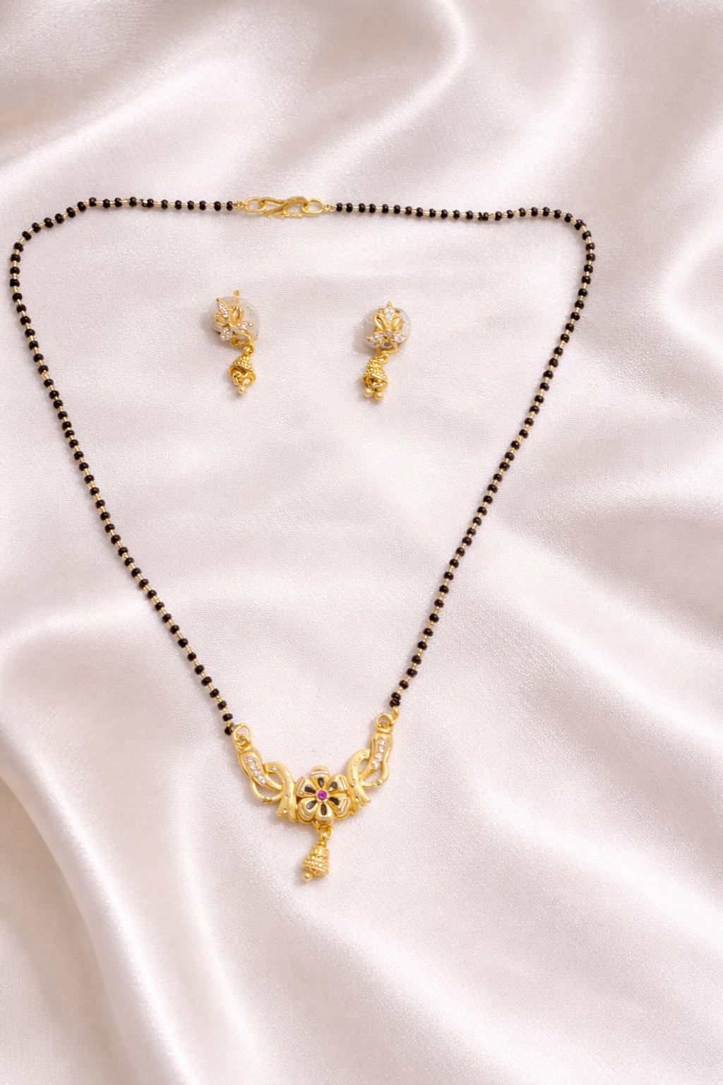 Gold-Plated Traditional Mangalsutra Set with American Diamond Floral Pendant and Matching Earrings for Women