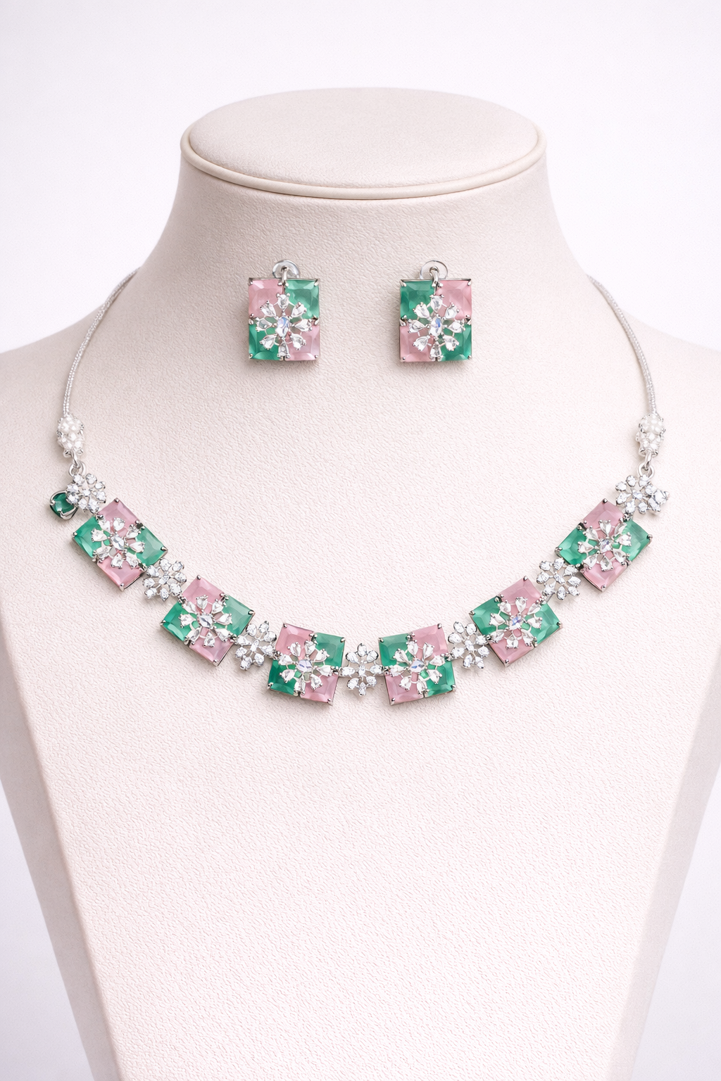 Pastel Geometric Necklace Set with Square Stud Earrings