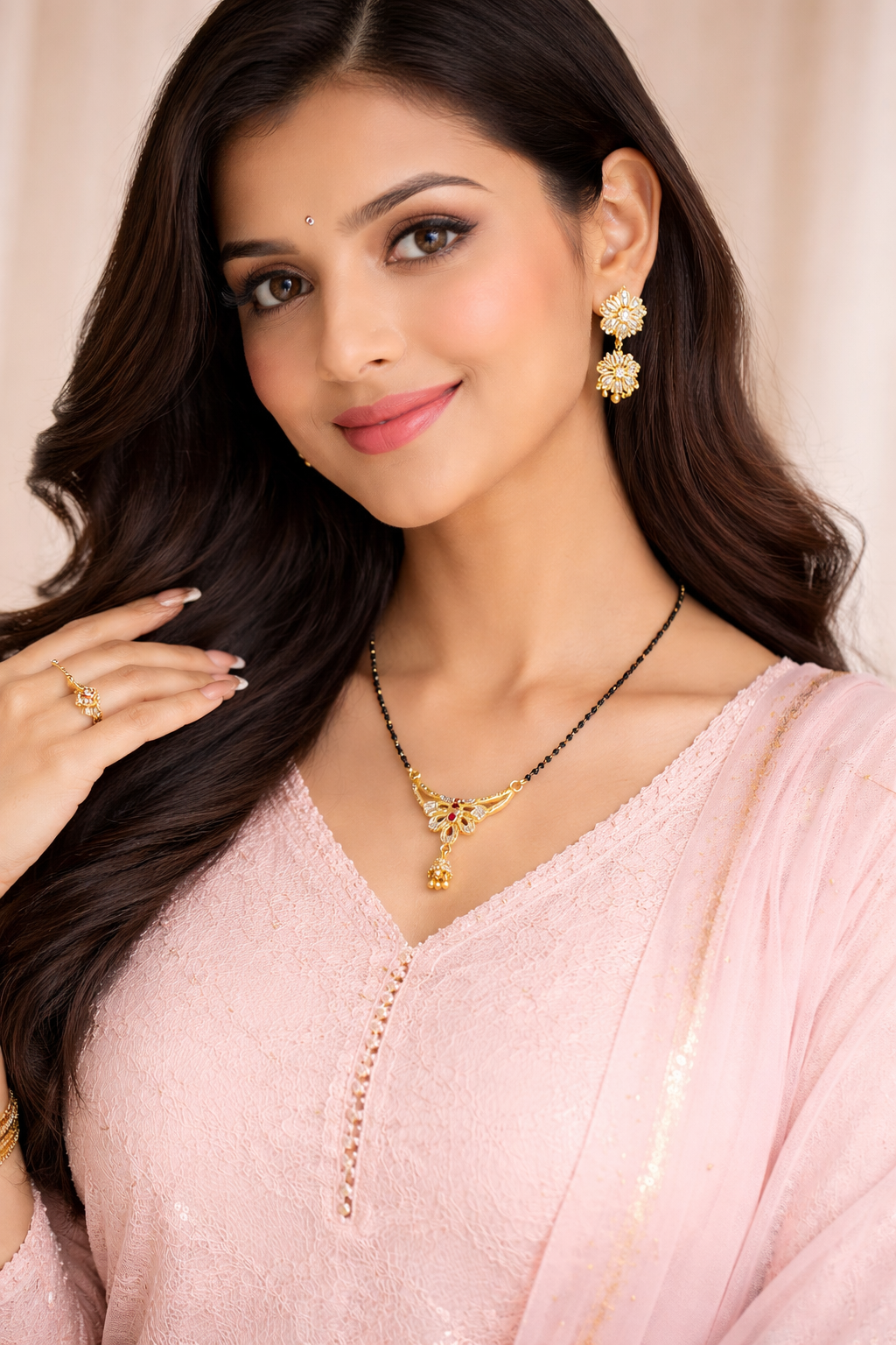 Gold-Plated Floral Mangalsutra Set with American Diamond, Ruby Stone and Matching Jhumki Earrings for Women