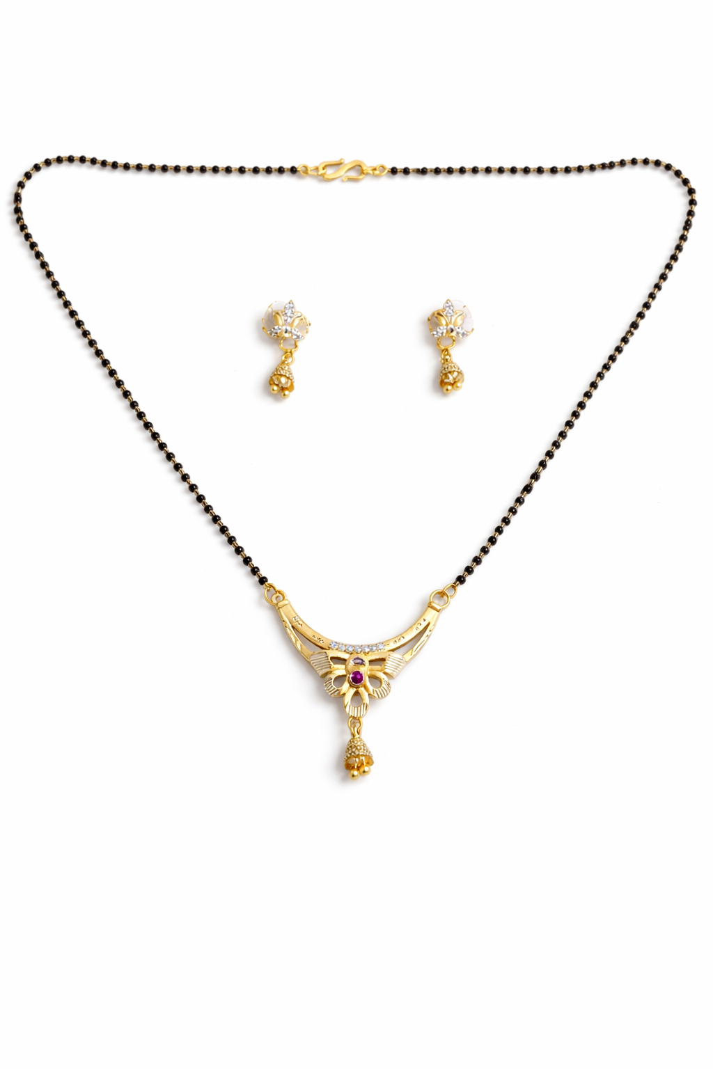 Gold-Plated Floral Mangalsutra Set with American Diamond, Ruby Stone and Matching Jhumki Earrings for Women