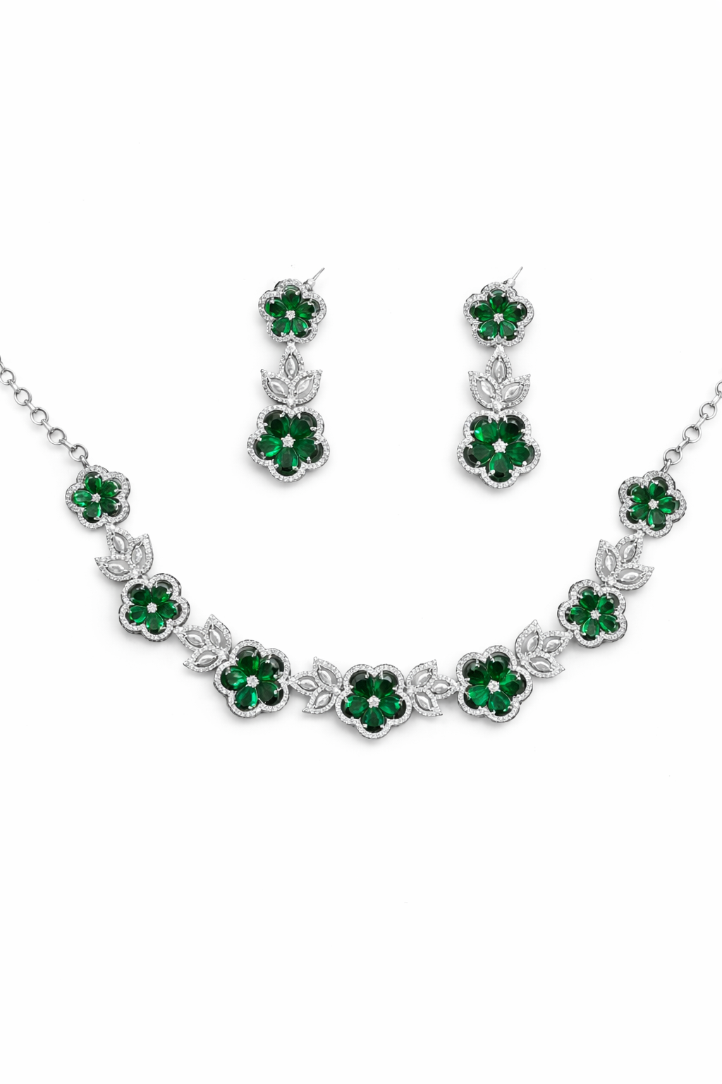Green Floral Crystal Necklace Set with Drop Earrings