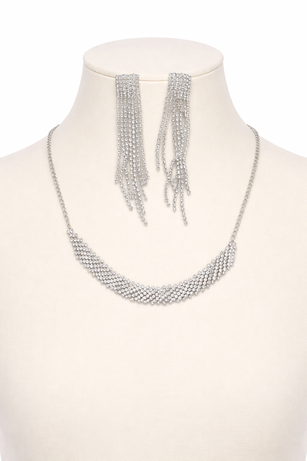 Silver AD Necklace Set with Crystal Layers and Long Tassel Earrings