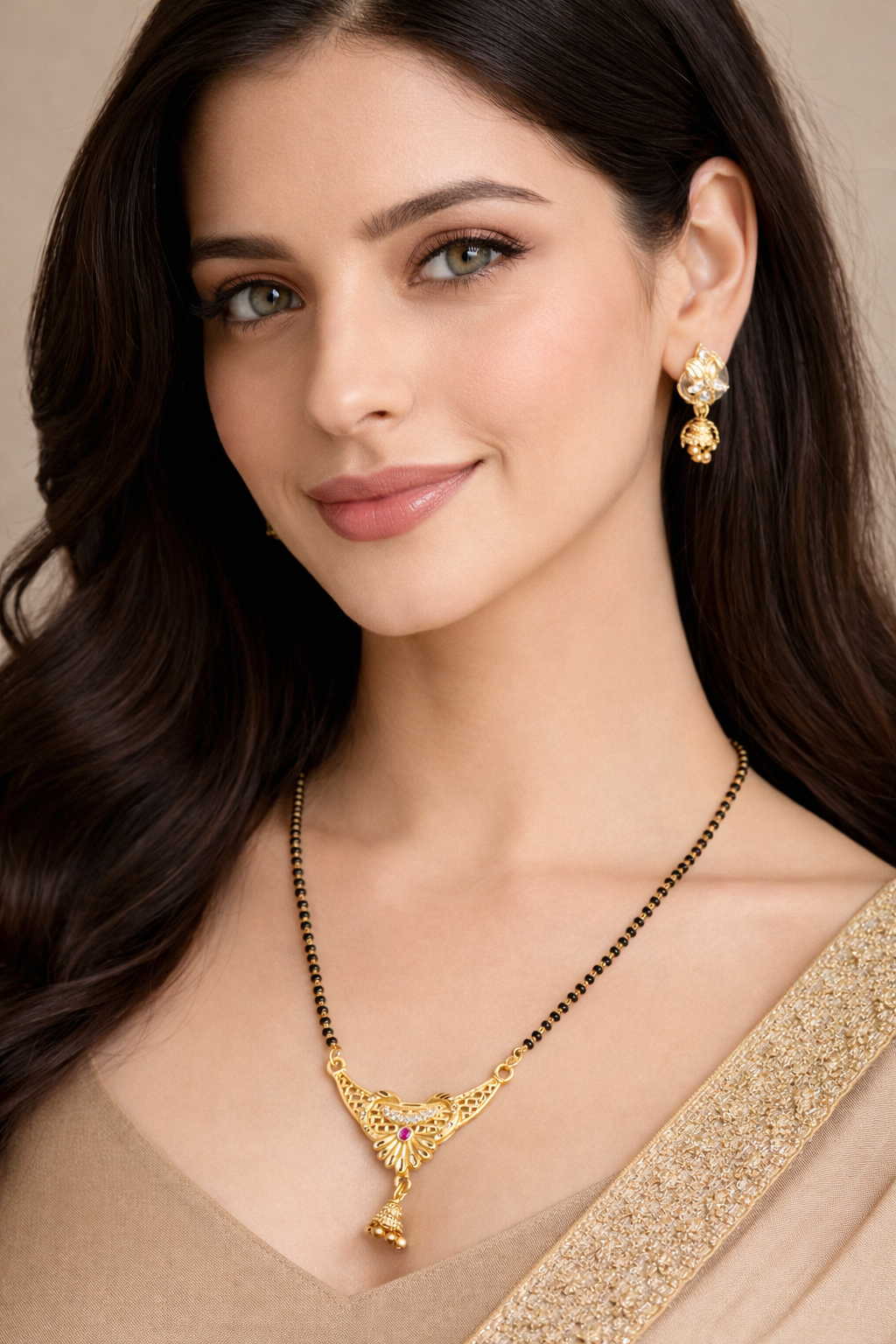 Gold-Plated Traditional Mangalsutra Set with American Diamond, Ruby Stone and Matching Jhumki Earrings for Women