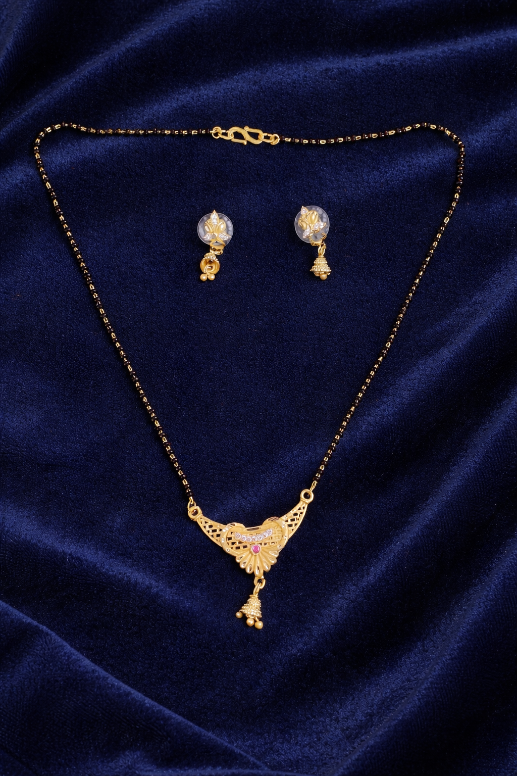 Gold-Plated Traditional Mangalsutra Set with American Diamond, Ruby Stone and Matching Jhumki Earrings for Women