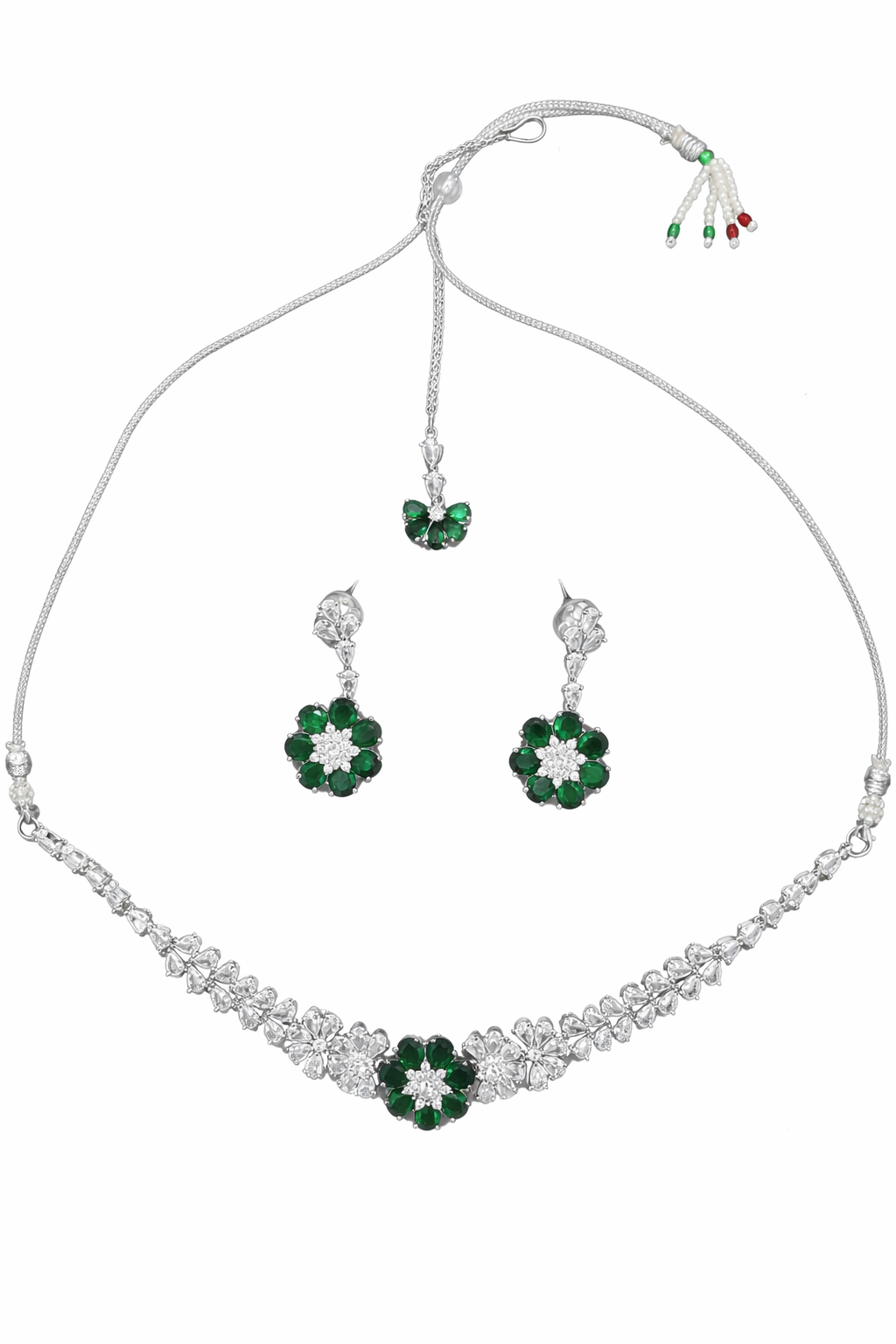 Elegant Green Floral Stone Necklace Set with Earrings