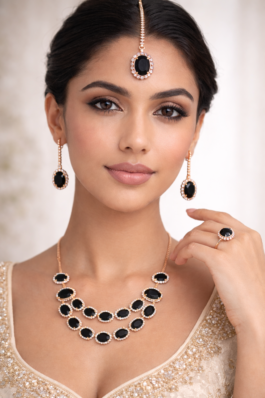 Rose Gold Black Stone Layered Necklace Set with Earrings Ring and Maang Tikka