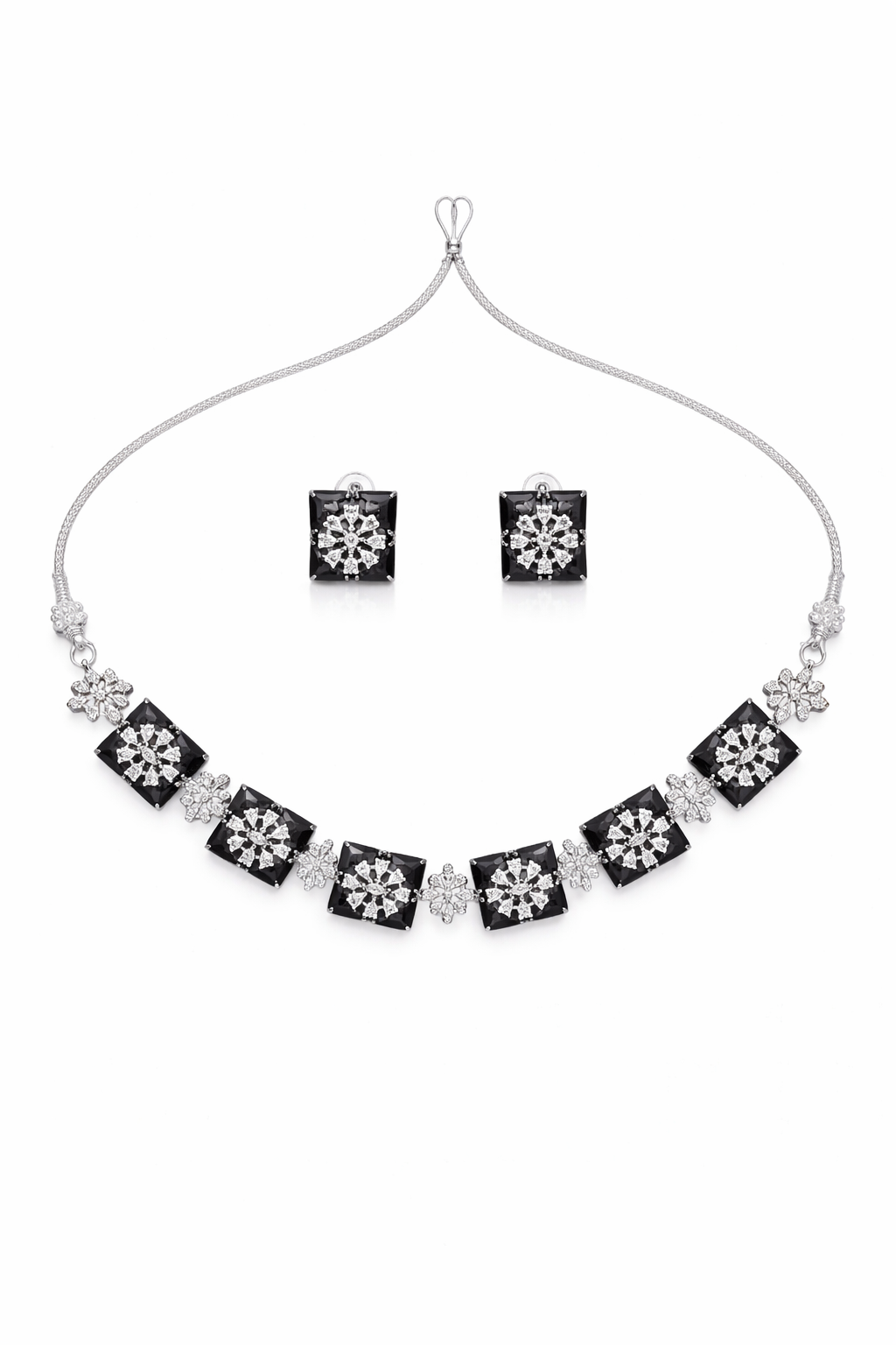 Black Stone Geometric Necklace Set with Stud Earrings