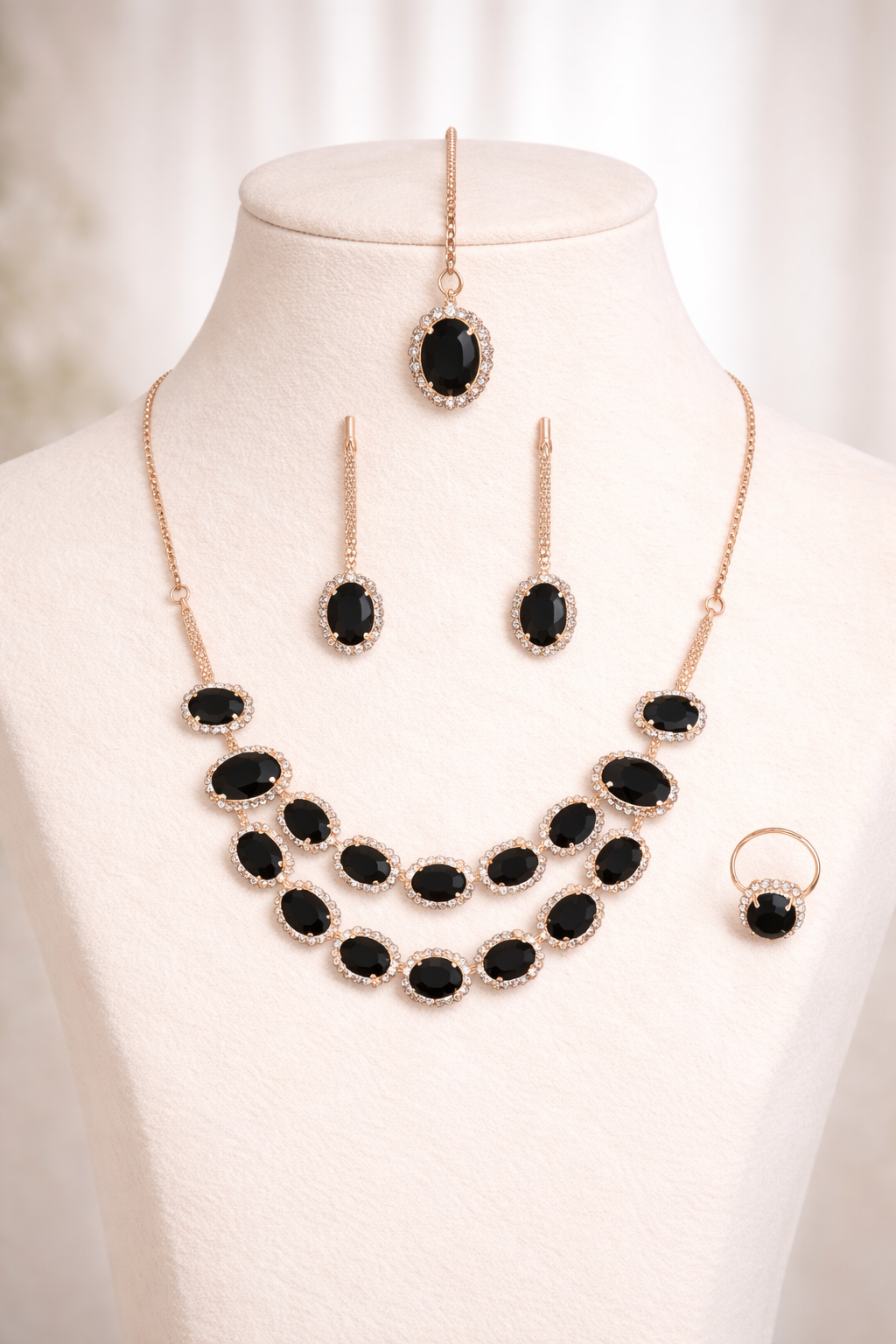 Rose Gold Black Stone Layered Necklace Set with Earrings Ring and Maang Tikka