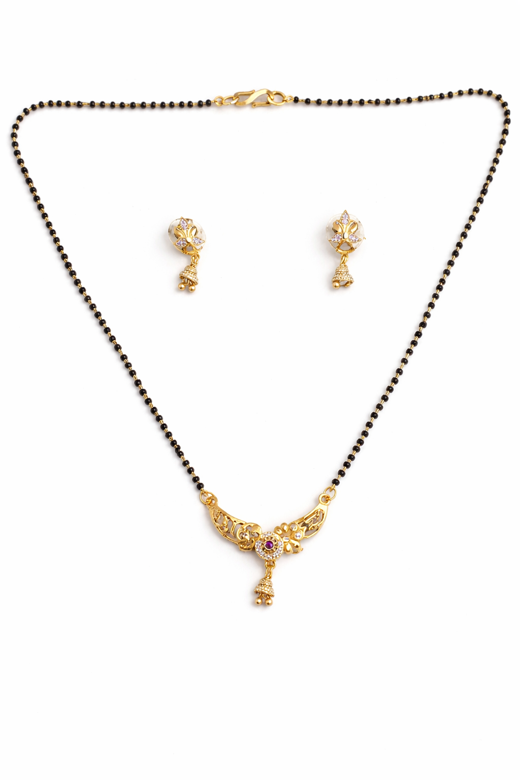 Gold-Plated Traditional Mangalsutra Set with American Diamond Pendant, Ruby Stone and Matching Earrings for Women