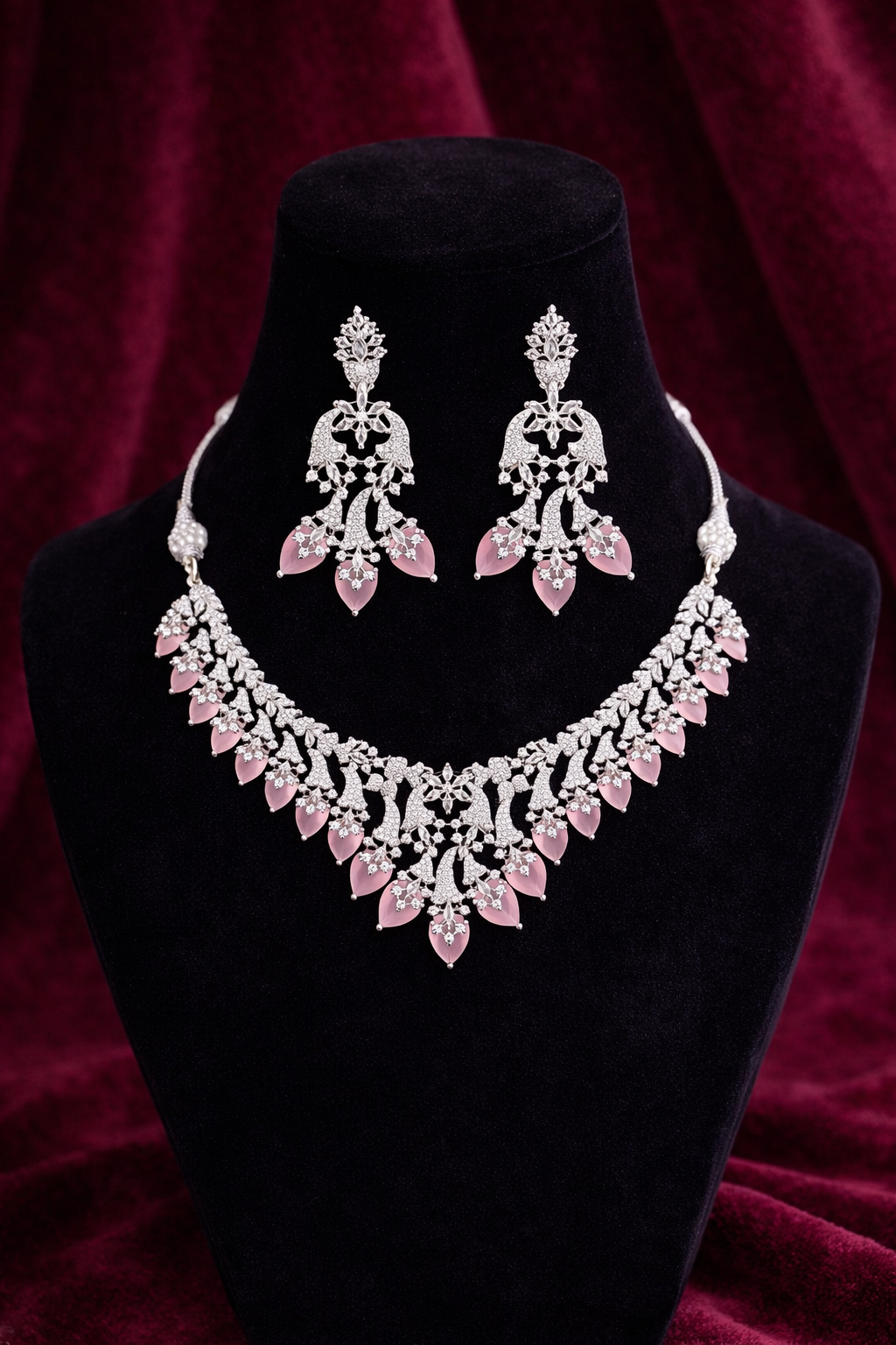 Elegant Silver Necklace Set with Pink Dangling Stones