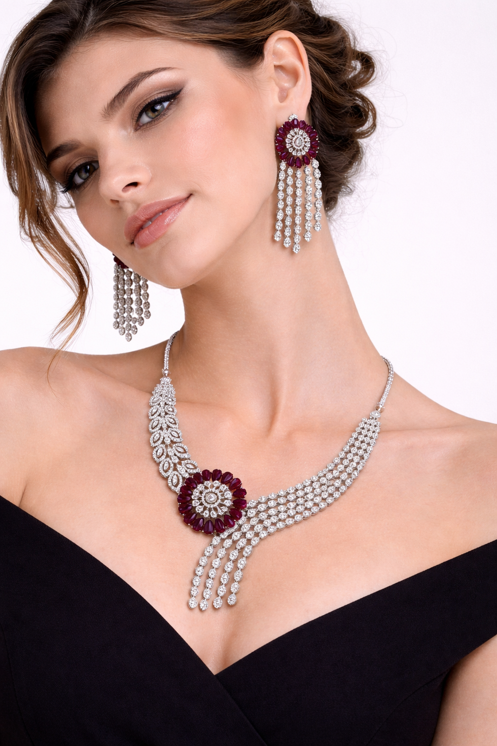 Red Stone Asymmetric Necklace Set with Tassel Earrings