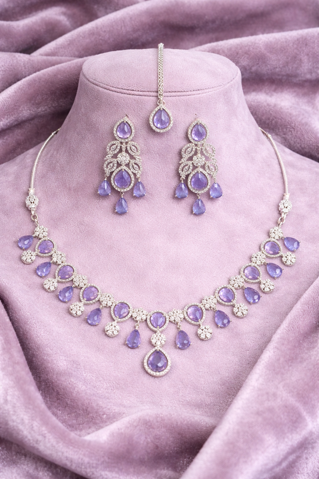 Lavender Teardrop Crystal Necklace Set with Earrings