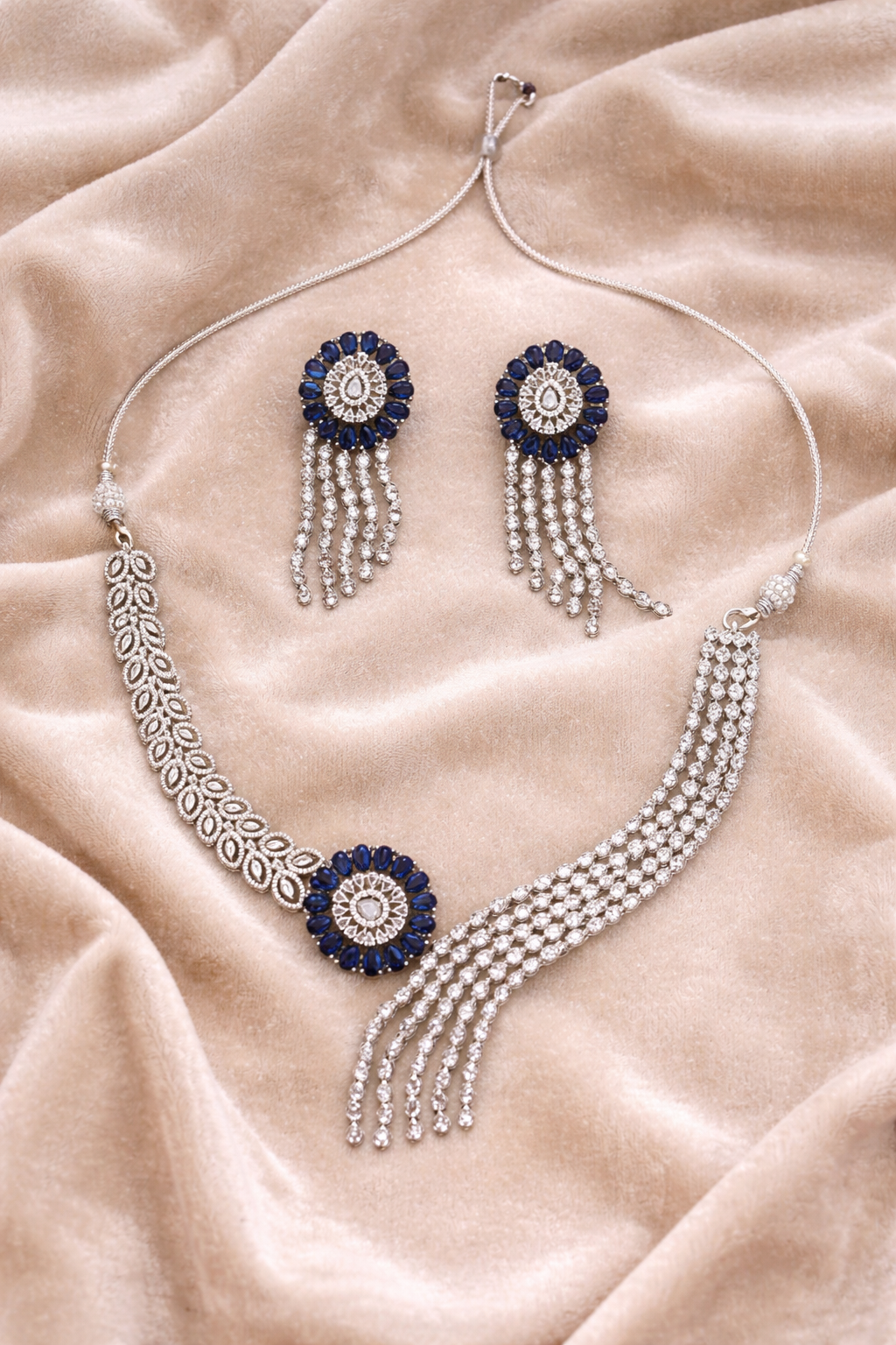 Elegant Silver Necklace Set with Blue Crystal Accents