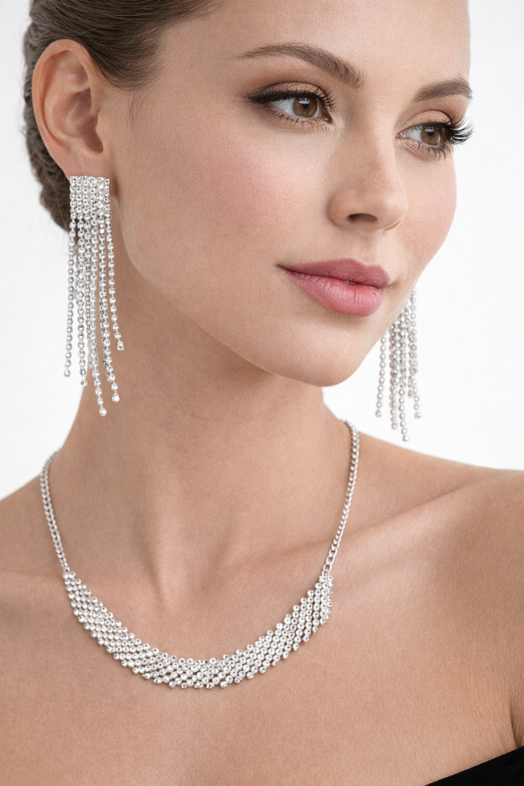 Silver AD Necklace Set with Crystal Layers and Long Tassel Earrings